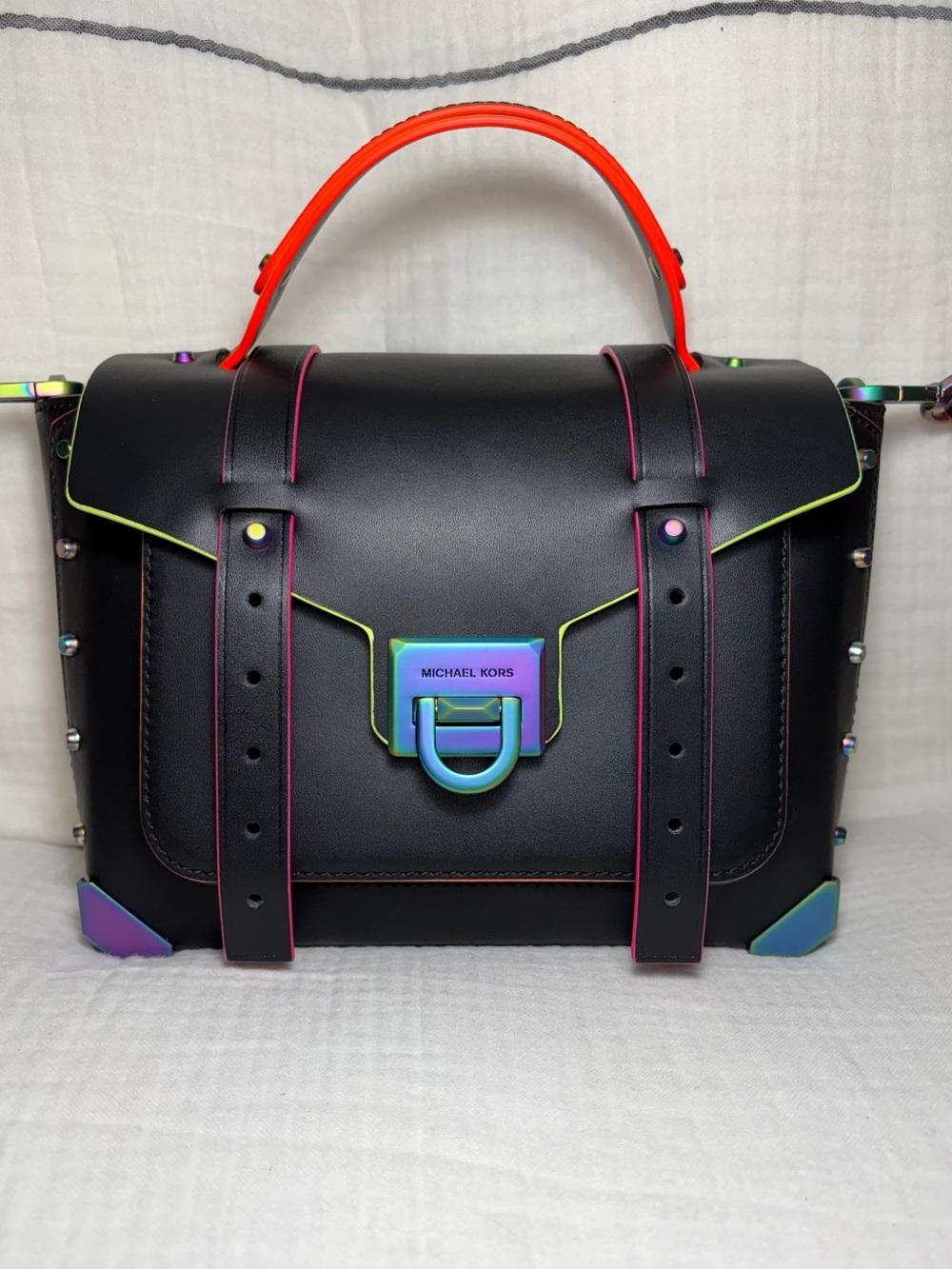 Michael Kors Medium Manhattan Satchel Black Leather Neon Oil Slick Hardware NWOT